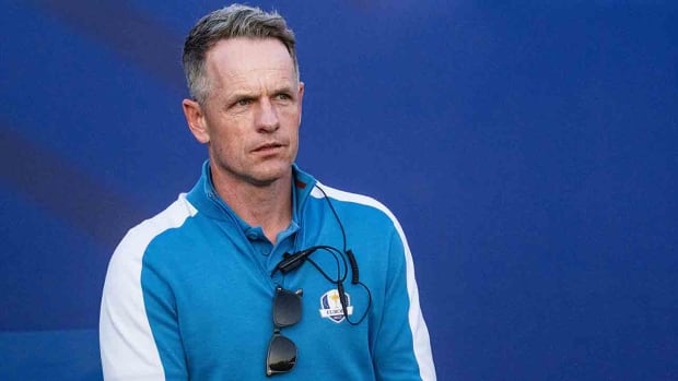 Luke Donald looks on during the 2023 Ryder Cup at Marco Simone Golf Club in Rome.